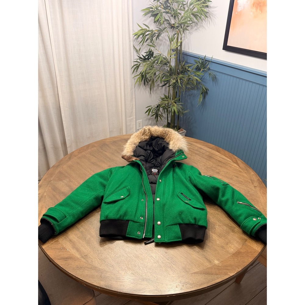 Canada Goose Chilliwack varsity Bomber Green Wool Down Fur Trim Jacket Mens Med - Picture 2 of 16